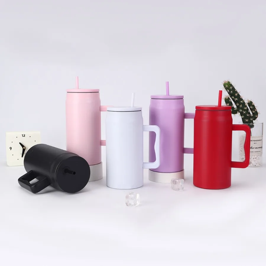 

Новая простая однотонная гигантская соломинка из нержавеющей стали, большая емкость, изолированная чашка, уличная портативная чашка для воды с ручкой