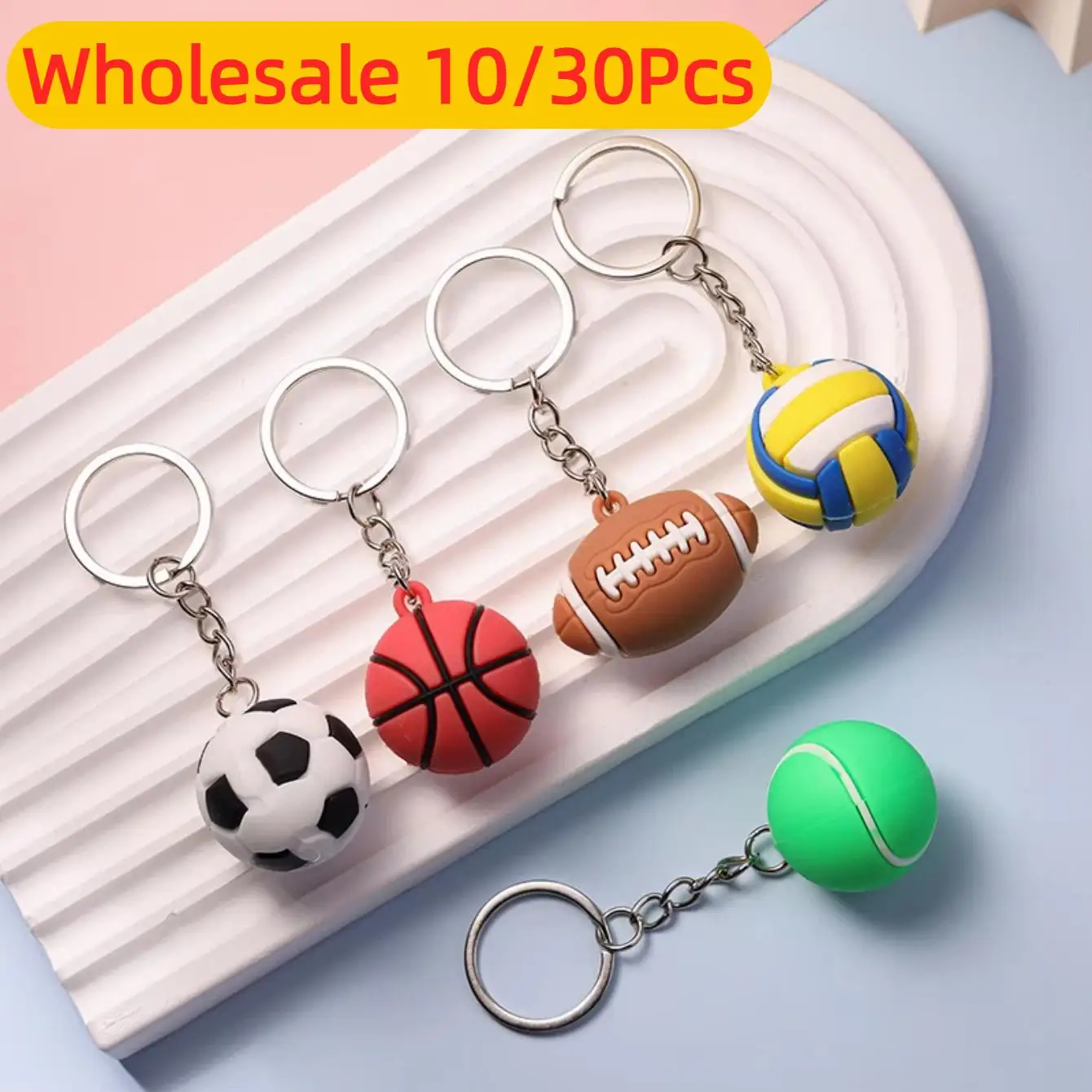 10/30Pcs Football Basketball Volleyball Tennis Rugby Keychain PVC Creative Mini Key Ring Backpack Pendant Car Accessories Gift
