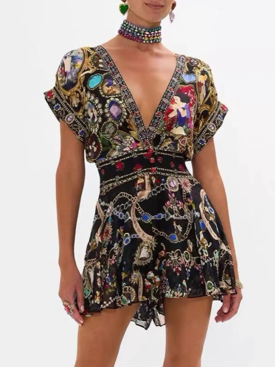 Flower Printed Women's 100% Silk Playsuits Heavy Beaded V-Neck Short Sleeve High Waist Fashion Female Jumpsuits