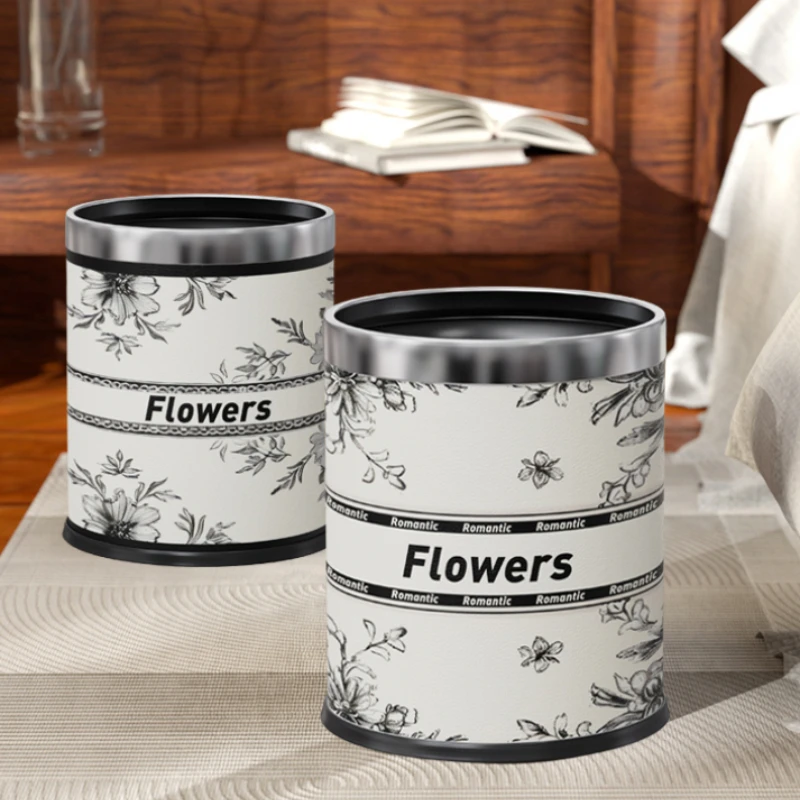 

Medieval Leather Garbage Bin Household High Appearance Level Flowers Recycling Garbage Basket Bedroom Living Room Storage Bucket