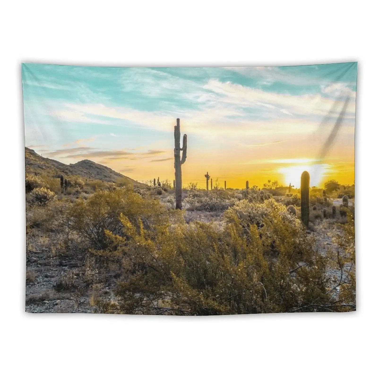 Desert Sunrise // Picture of Saguaro Cactus and a Teal Blue Sky in the Desert Tapestry Art Mural Tapestry