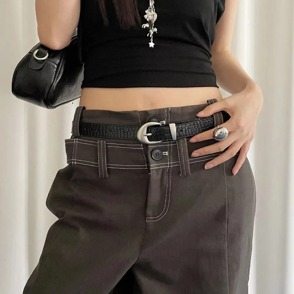Ins Style Crocodile Pattern Women's Belt Y2k Korean Thin Waist Belt PU Leather Niche Dress Jeans Belt For Girls