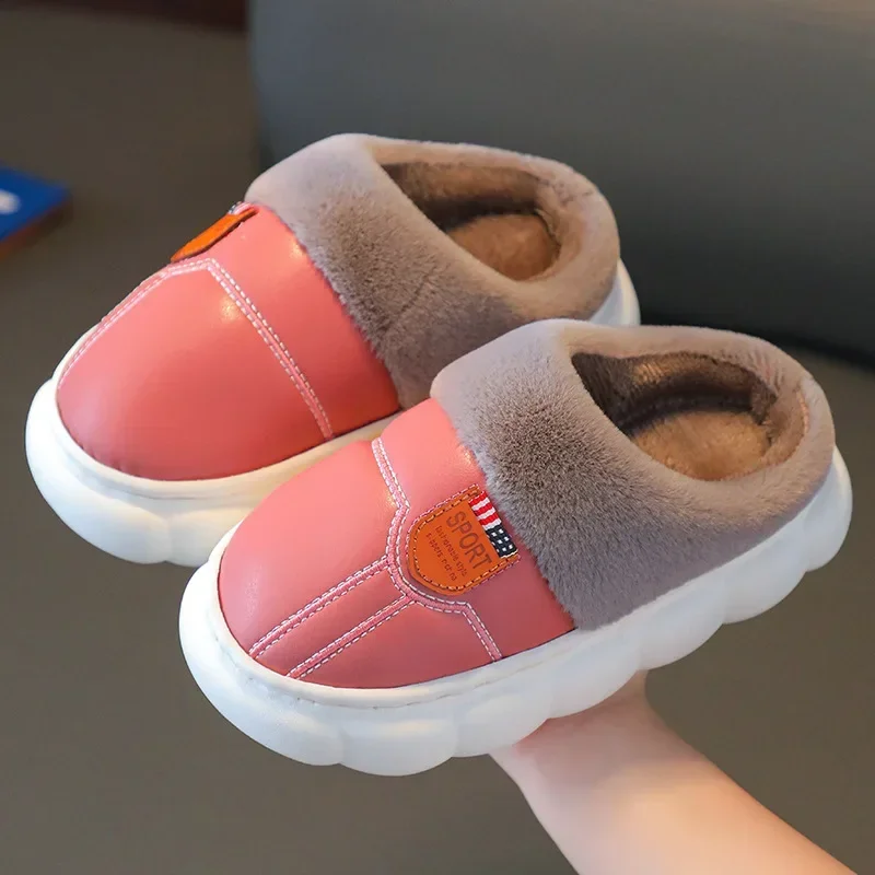 Children Cotton Slippers Princess Shoes Kids Warm Winter Waterproof Leather Furry Slippers Little Girl Boy Soft Sole Baby Shoes