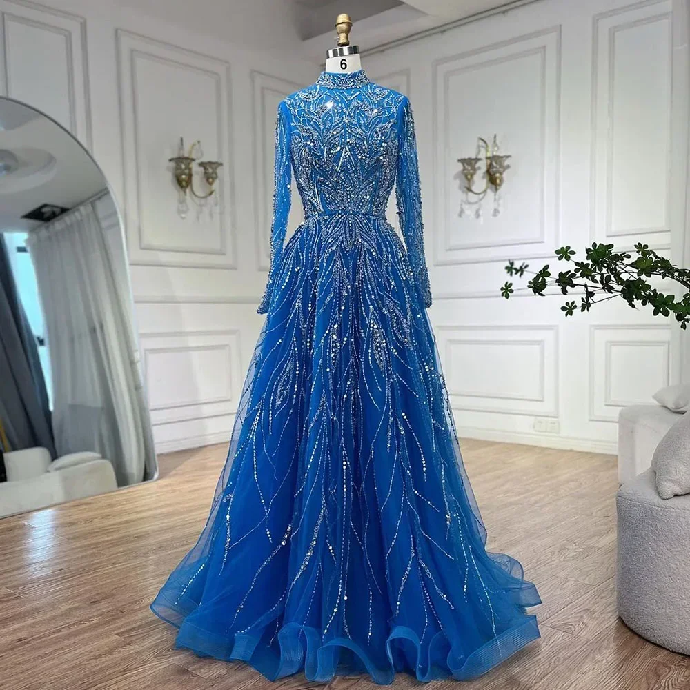 Serene Hill Blue High Neck Long Sleeves A Line Muslim Full Covered Evening Dresses Party Gowns for Women DLA72302A Customized