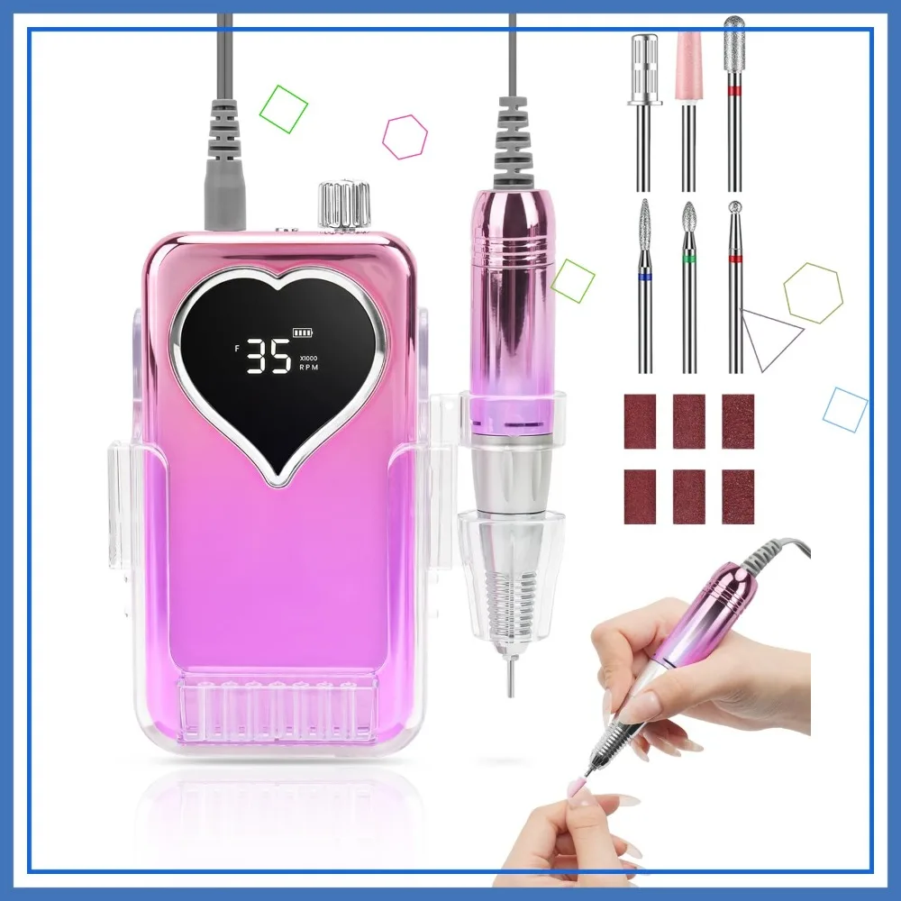 

Rechargeable Electric Nail Drill with Bits for Acrylic Gel Nails, Professional Manicure Pedicure Polishing Tool