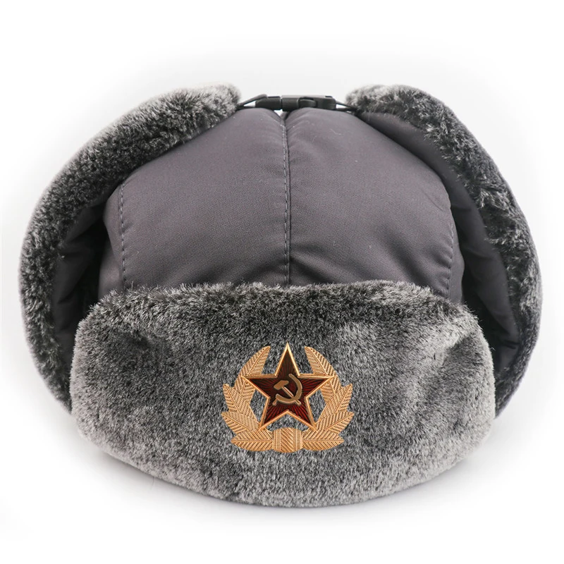 Man Winter Hat Russian Trapper Hat Cap With Soviet Badge Faux Furs Ushanka Flaps Water Wind Proof Thick Soft Hat For Oudoor Use