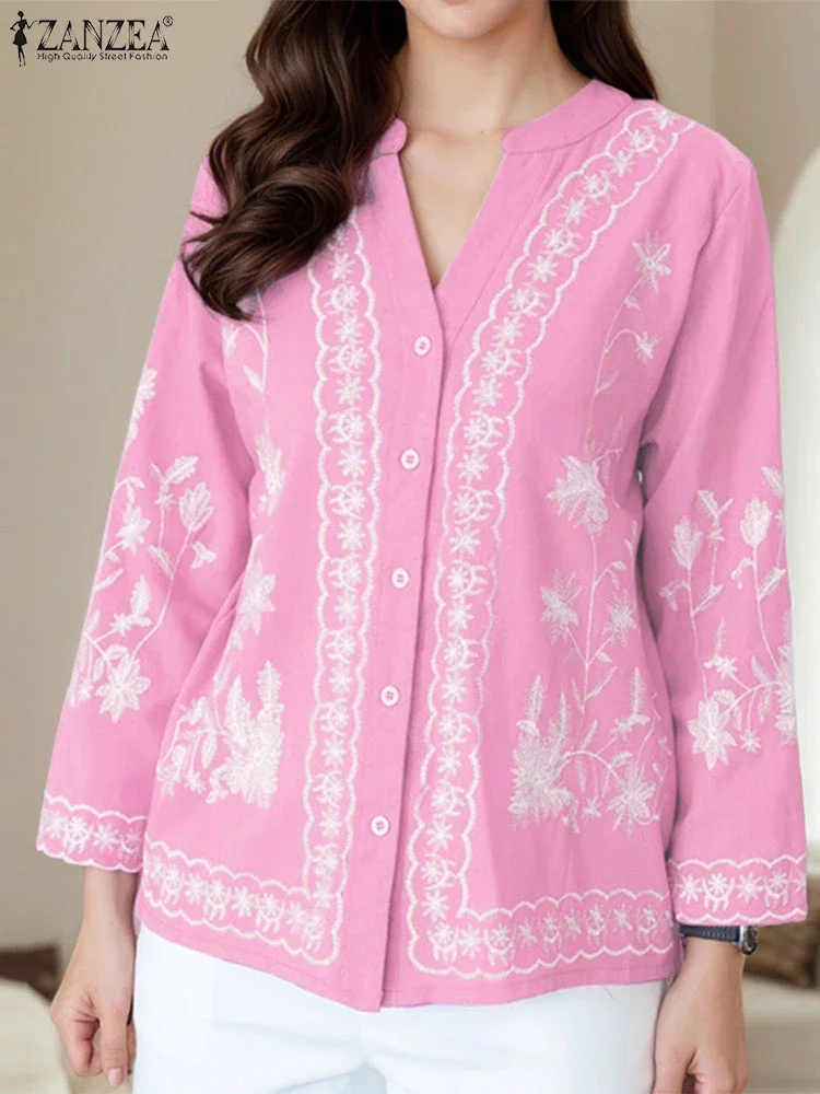 ZANZEA 2025 Autunno Camicetta Moda Donna Scollo a V Manica lunga Camicia stampata Elegante OL Camicie da lavoro Blusas allentate Bottoni casual Top