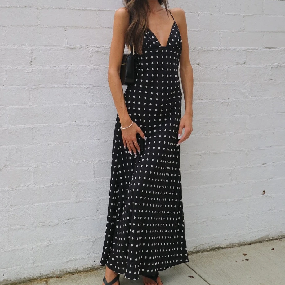 Vestido elegante sem mangas com bolinhas, vestido longo regata feminino, verão, moda, costas nuas, alça espaguete, vestido plissado com cachecol