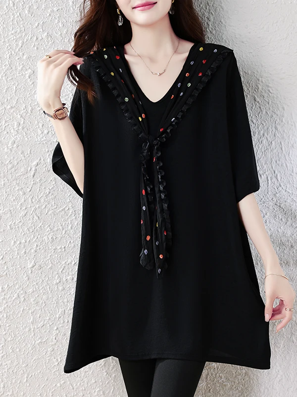 Authentic Women's Casual Versatile Meat Concealing Slimming Fashionable Shoulder Shawl Splicing Top Summer Polyester Fiber