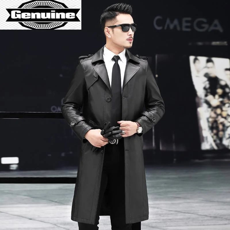 

Genuine Long Natural Sheepskin Coat Leather Jacket Men Clothing Leather Windbreaker Trench Chaquetas Hombre KJ7373