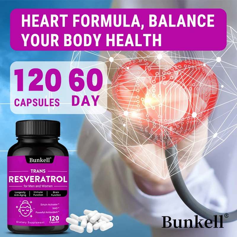 Trans-Resveratrol 500mg Capsules with Vitamin C, Powerful Antioxidant, Anti-Aging, Support Heart Brain Joint & Skin Health