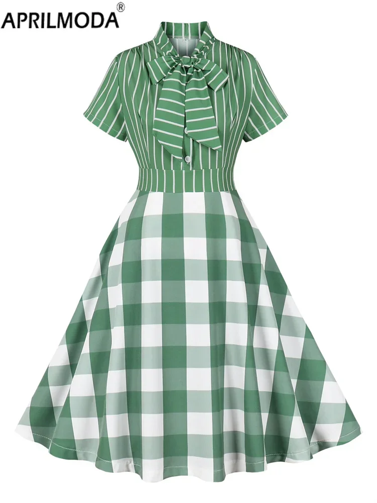 Big Bow Neck 2024 Green Plaid Print Patchwork Retro Vinatge Dress Withe Summer 40s 50s 60s High Waist Casual Runway Midi Dresses