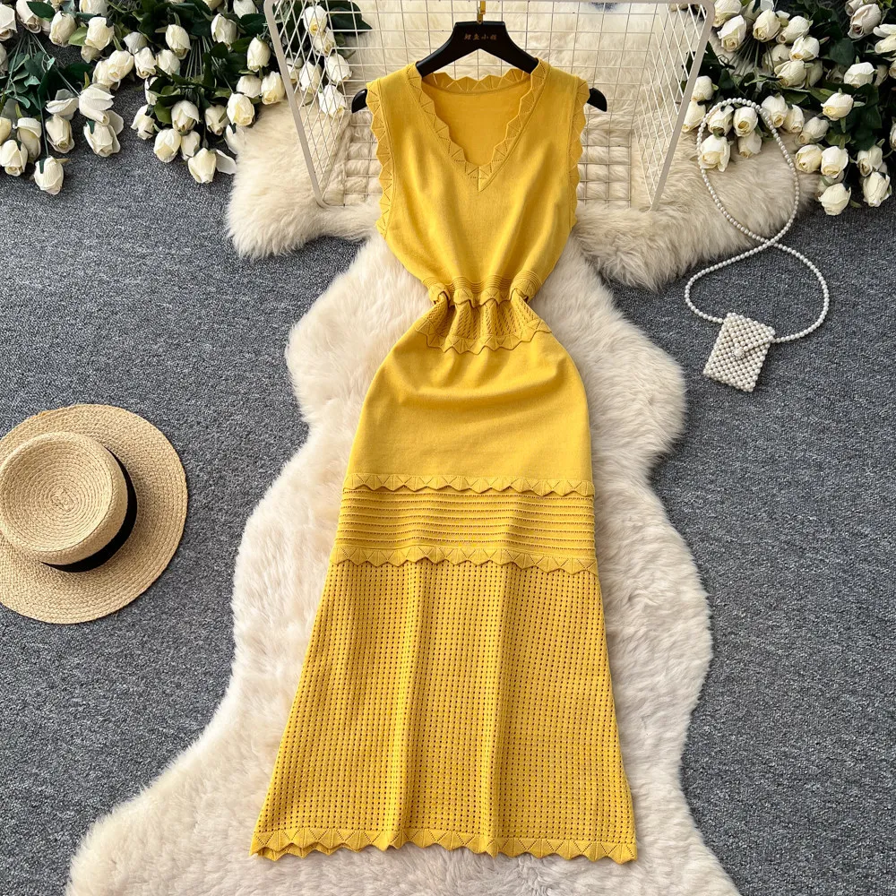 

Women Long Dress Knit Dresses A Line Vestidos Y2k Streetwear V Neck Sleeveless Slim Fit Casual Elegant Party Night Work 2026