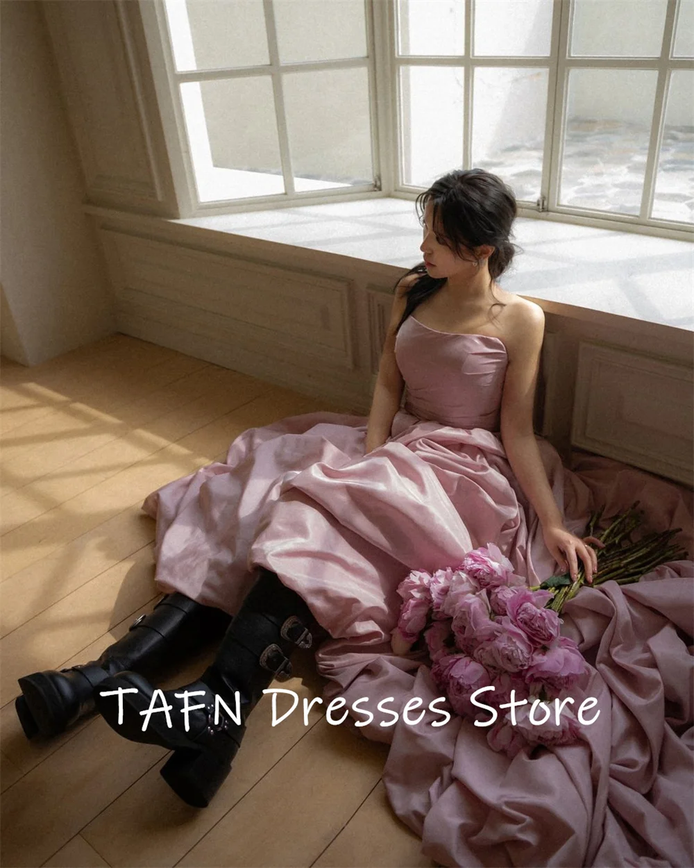 TAFN Pink Gorgeous Wedding Dresses A-line Sweep Train Strapless Bridal Gown Korea Photo Shoot Dresses Custom Made