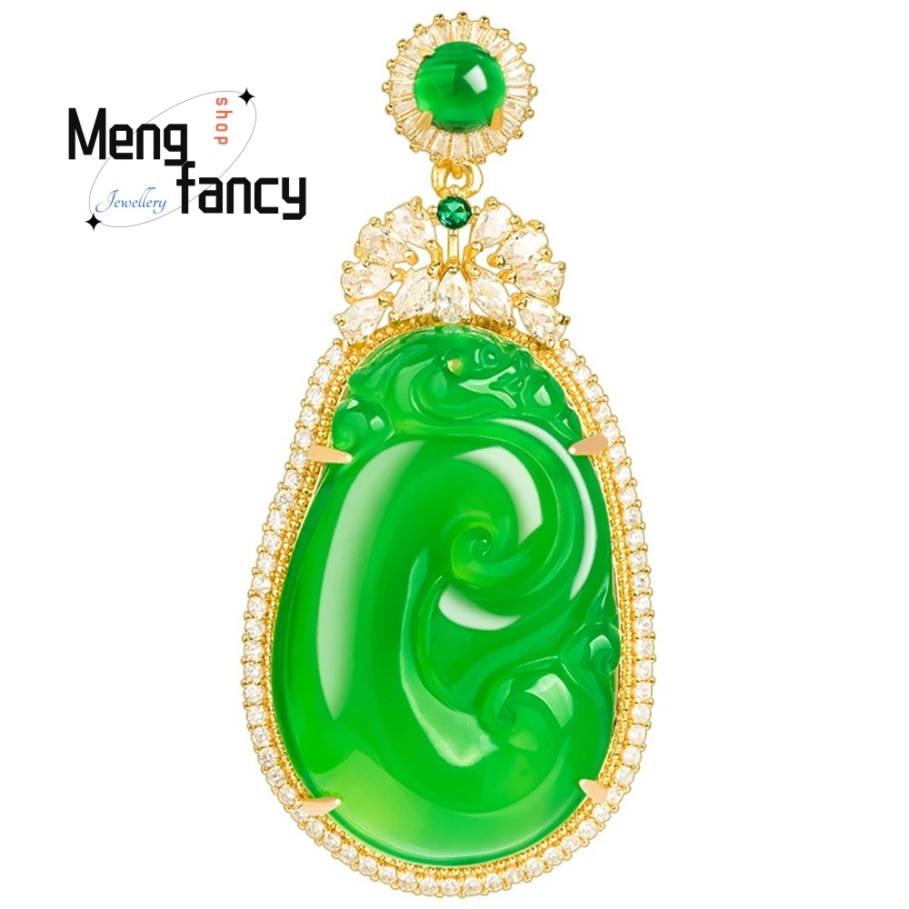 Genuine Natural Green Agate Ruyi Copper Gold-plated Ice Inlaid Jade Pendant Women's Necklace Fashion Pendant Fine Jewelry