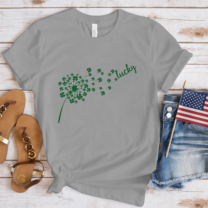 Fashion St. Patrick'S Day Dandelion Lucky Print T-Shirt Unisex Loose Short Sleeve Round Neck Top