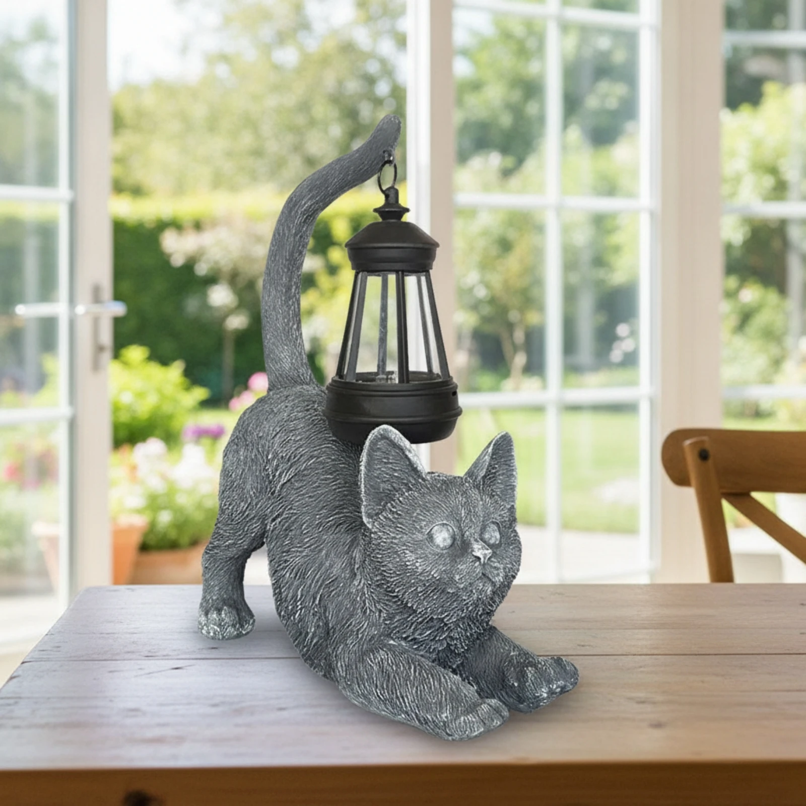 Cat Statue with Solar Lantern Warm Glowing Cat Sculpture with Lantern Outdoor Lamp Textured Ornament Decorative for Gardeners