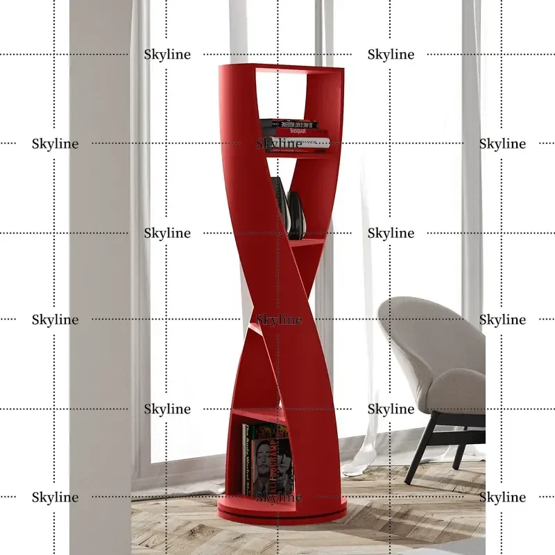 Italian Red Solid Wood Rotating Bookshelf Round Shelf Modern Simple Special Shaped Decorative Display Rack