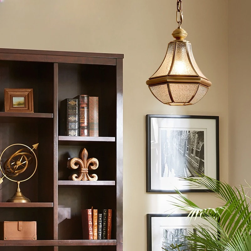 American Country Small Pendant Light All Copper Single Head Glass Restaurant Light Balcony Aisle Corridor Entrance Hanging Lamps