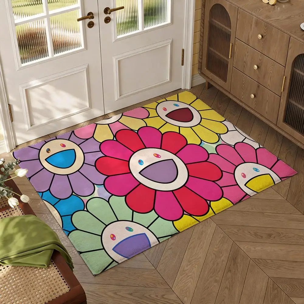 Classic Artwork T-Takashi M-Murakami Floor Mat Soft Thickened Flannel Door Mat Non-Slip Living Room Rug Home Decor