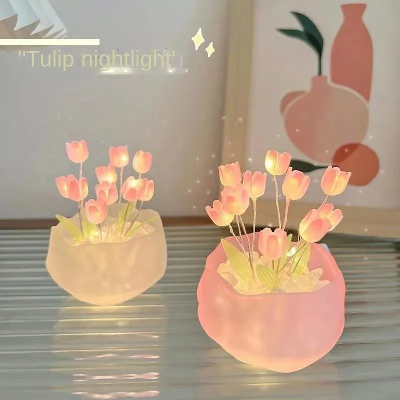 10/20Pcs Tulip Night Light Battery Operated Tulip Flower Table Lamp DIY Simulation Tulip LED Nightlight Handmade Bedside Light