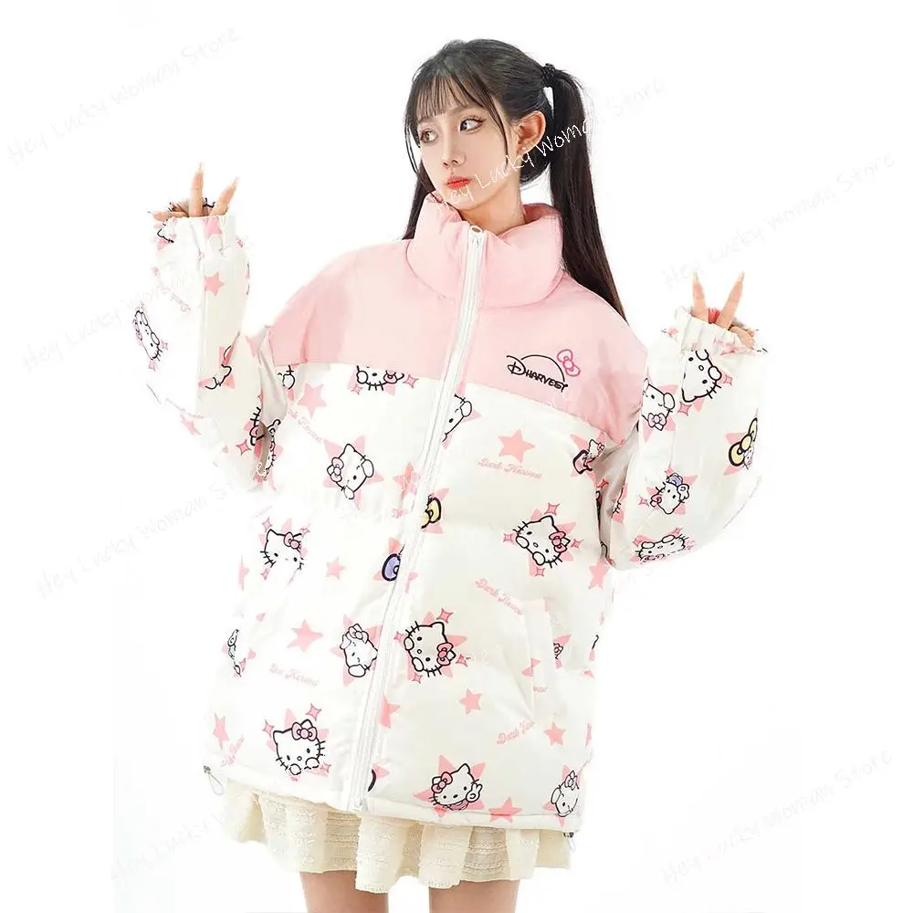 Hello Kitty Damen-Wintermode-Freizeitjacke, süßer Volldruck, farbblockierter Baumwollmantel, koreanische Version, neuer dicker Reißverschlussmantel