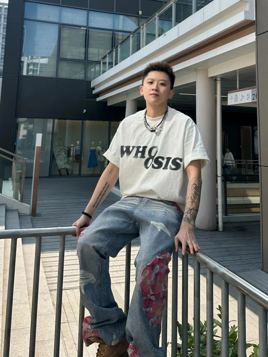 

Джинсы с красными цветочными дырками, мужские джинсы American High Street Vibe, весна-осень, свободные повседневные прямые джинсы с дырками