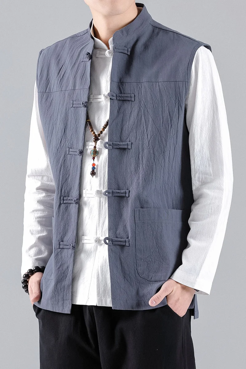 2023Summer Autumn Men Chinese Style Vests Vintage Linen Vests Mens Sleeveless Hanfu Cardigan Male Harajuku Open Stitch Waistcoat