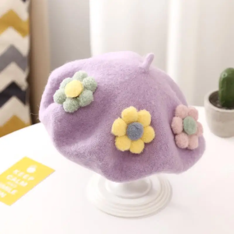 Princess Children Girl Baby Wool Beret Hat Cute Super Spring Autumn Parent Women Kids Three Flowers Painter Hat