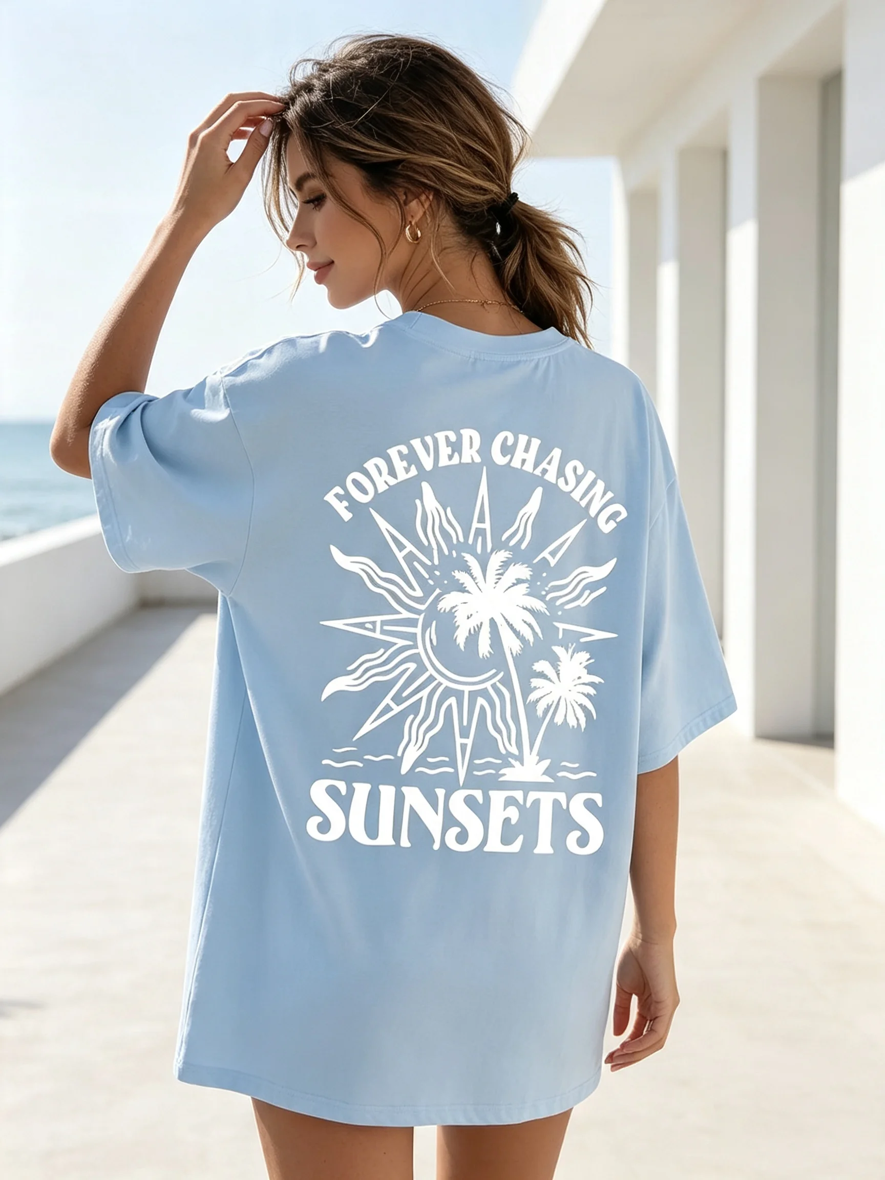 Sunset Coconut Tree Printed Loose Short-Sleeved T-Shirt Casual Vacation-Style Top for Travel