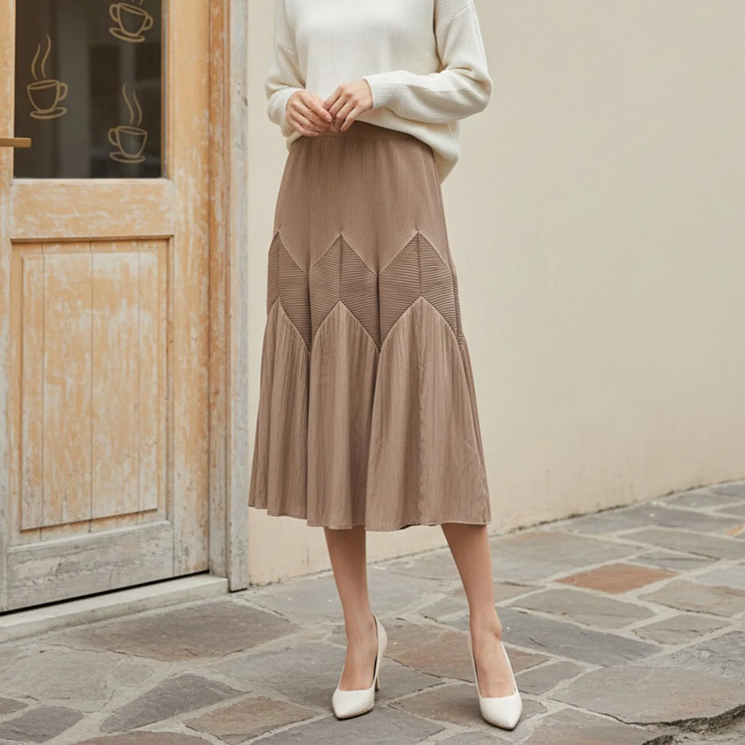 

Сплошная цветная женская юбка миди с высокой талией, плиссированная легкая эластичная ткань трапециевидной формы, подходящая офисная повседневная модная женская юбка