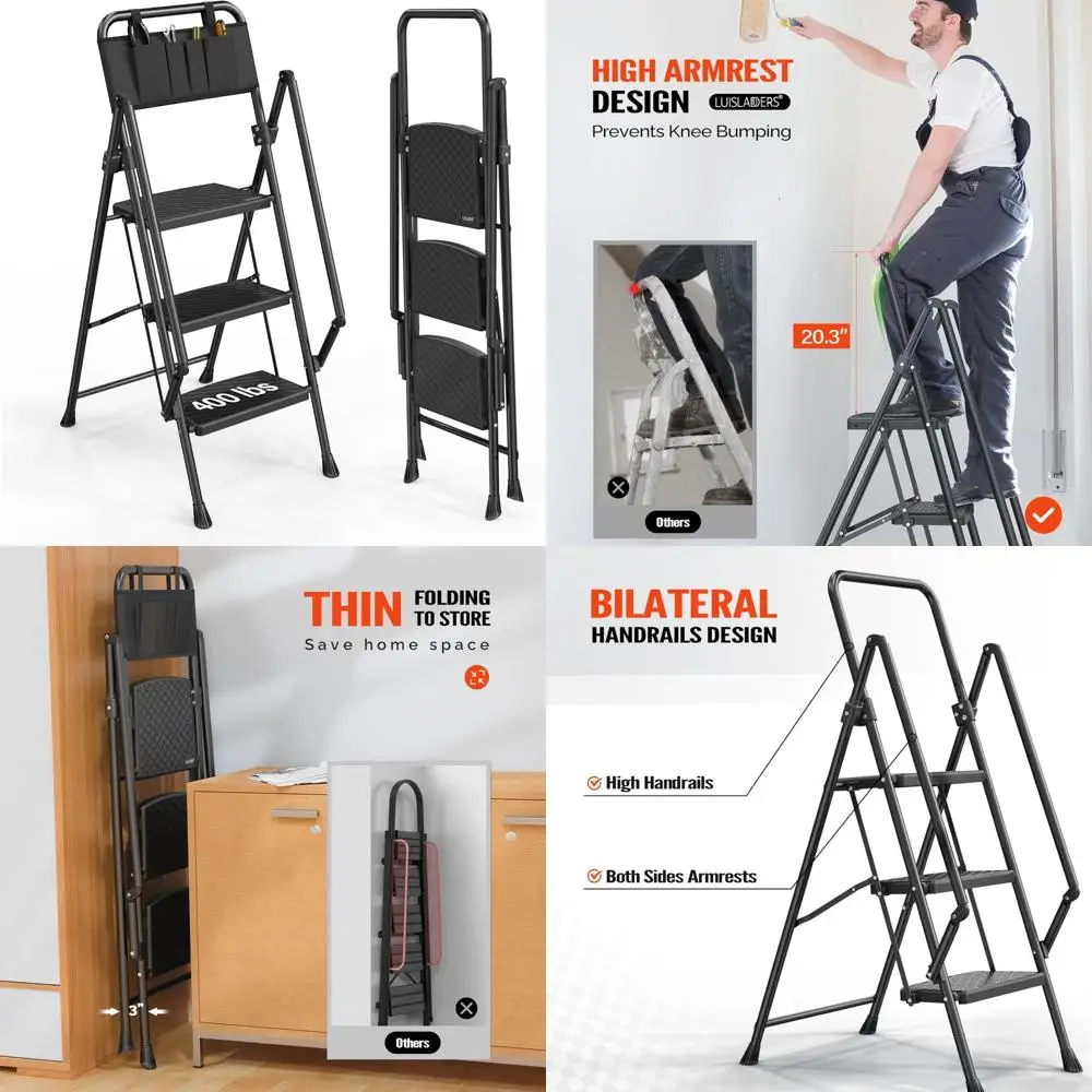 folding 3-step ladder with wide anti-slip treads and handrails, 500lbs capacity