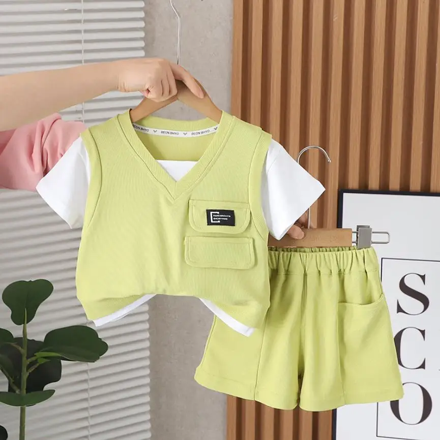 1-5 Years Baby Girls Clothes Outfits Sets Summer Kids Solid Colour Patchwork T-shirts Tops and Shorts 2Pcs Suits Boys Tracksuits