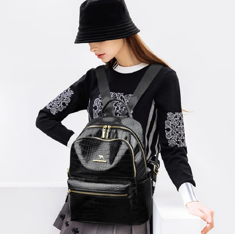 

New Fashion Luxury High Quality Alligator Pattern Leather Backpacks Women's Large Capacity Shoulder Bags Laptop School Bag