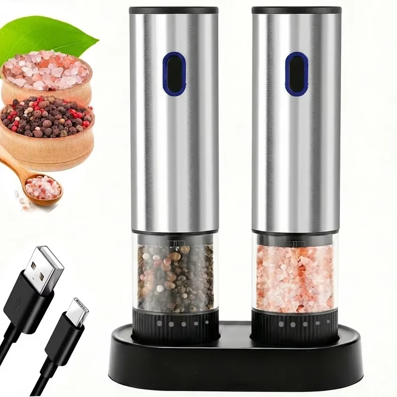 1pc/2pcs Electric Rechargeable Salt and Pepper Grinder, External Adjustable Coarseness Pepper Mill for Kitchen