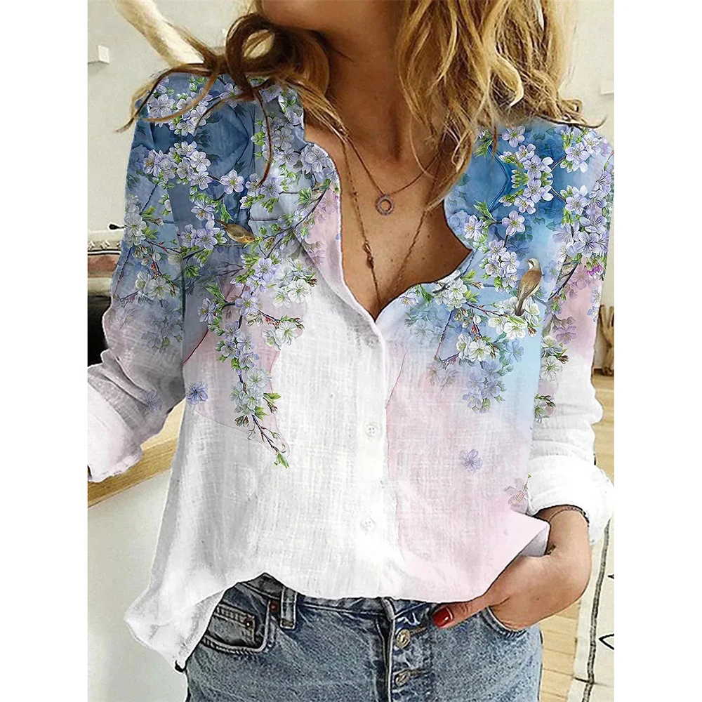 Women's Fashion Printed Shirt Pattern Button Top Slim Fit Comfortable Clothing Women's V-neck Button Casual Long Sleeve Shirt