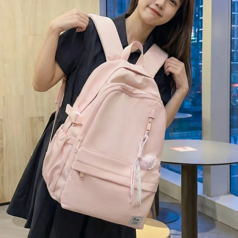 Women Mint Green Backpack With Heart Charm Front Pockets Lightweight Waterproof School Travel Daypack Minimalist Rucksack