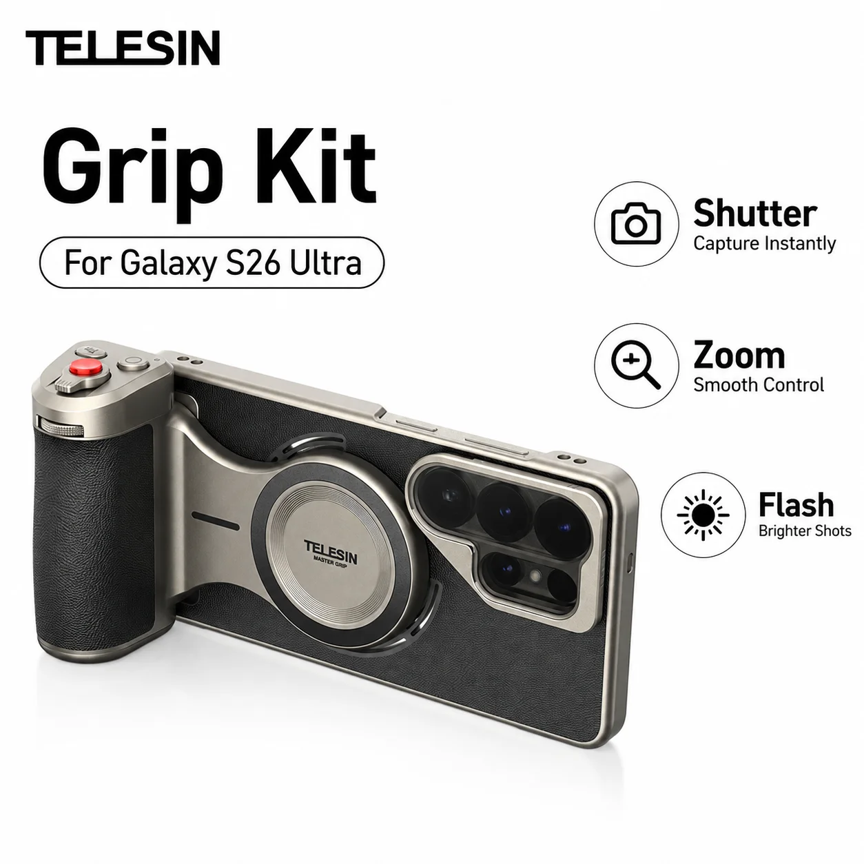 TELESIN Master Photography Case Grip Kit for Samsung Galaxy S26 Ultra 3200mAh Wireless Charging Flash ND16 Filter Kit