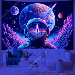 Galaxy Space UV Reactive Tapestry Hippie Astronaut Neon Art Tapestries Wall Hanging for Bedroom Aesthetics Dorm Party Decor