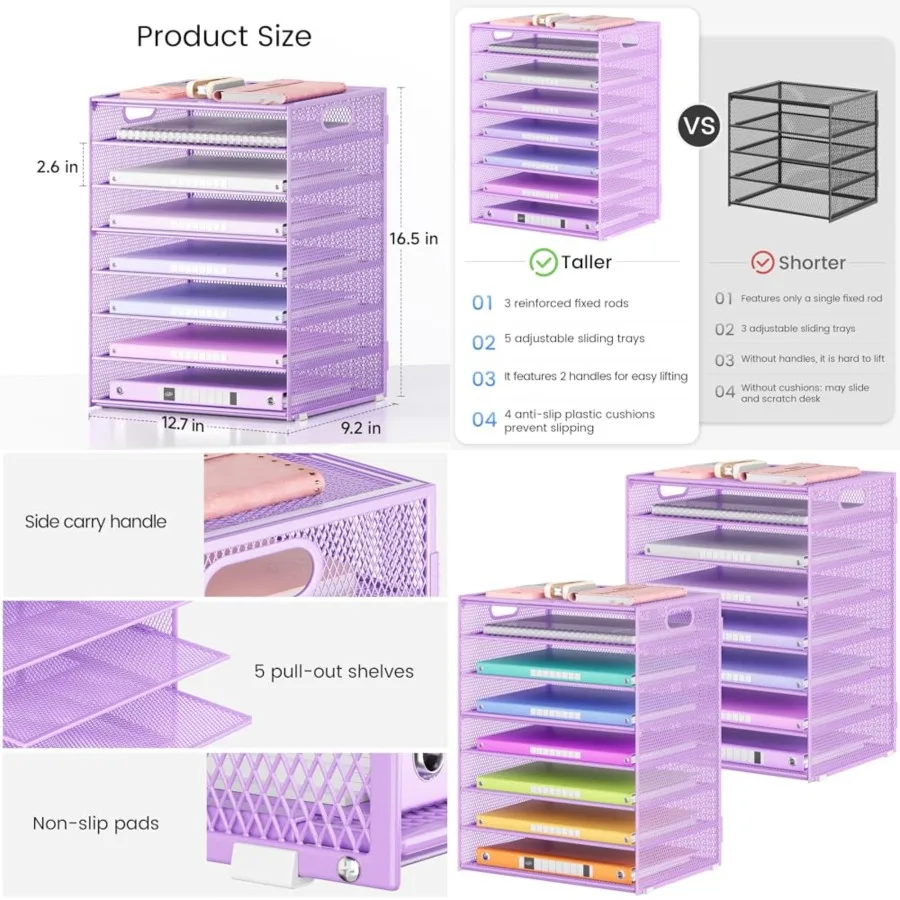 

Office Desk File Organizer, Letter Tray Paper Organizer with Handle, Including 5 Adjustable Slide Trays for Organizing Desk Wor