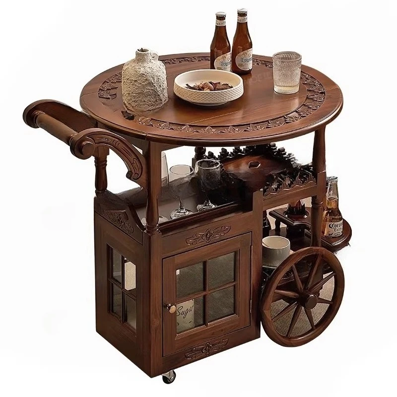 

Food Truck Push Full Solid Wood Household Double Layer Storage Cart Cabinet Mobile American Living Room Coffee Table