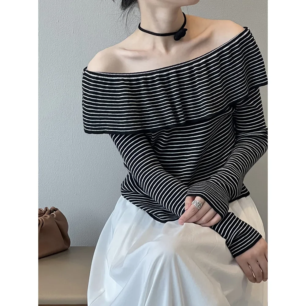 French Ruffled One Shoulder Top Doll Shirt 2024 Autumn Striped Long Sleeved Knitted Sweater for Women