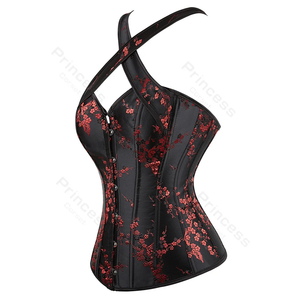 Corset Top Bustier Halter Straps Vintage Corsets for Women Embroidery Flower Corset Lace-up Burlesque Costume Sexy Lingerie Wome