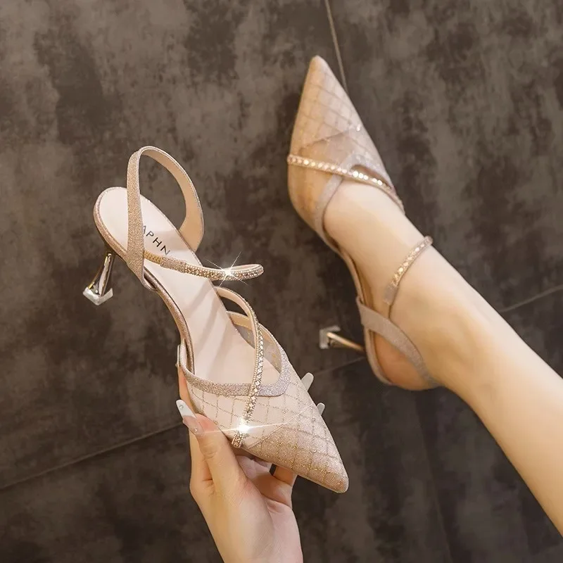 2024 Summer Europe and The United States Wind Mesh High Heels Temperament Half Head Sandals Women Stiletto Heels