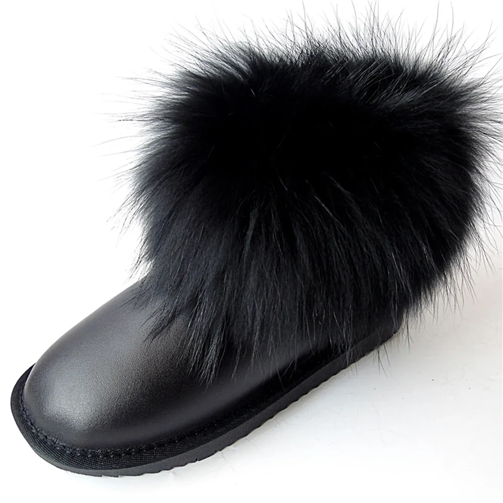 G&Zaco Luxury Natural Black Fox Fur Snow Boots Waterproof Cowskin Boots Ankle Boots Real Fur Genuine Leather Women Flat Shoes