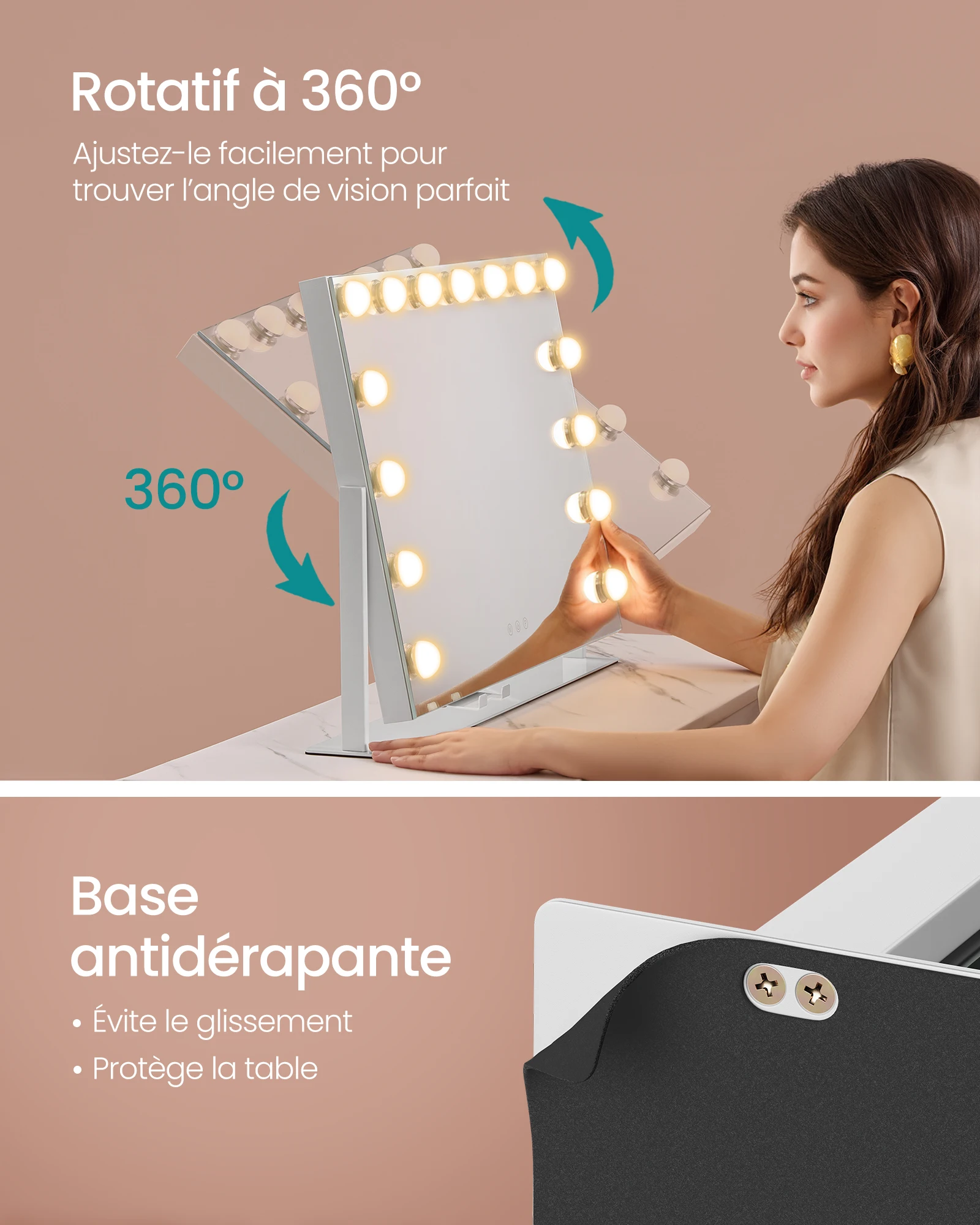 مرآة زينة، 15 لمبة LED، منفذ شحن، مرآة مكبرة قابلة للفصل، 3 درجات حرارة ألوان، 58 × 43 سم، أبيض غير لامع