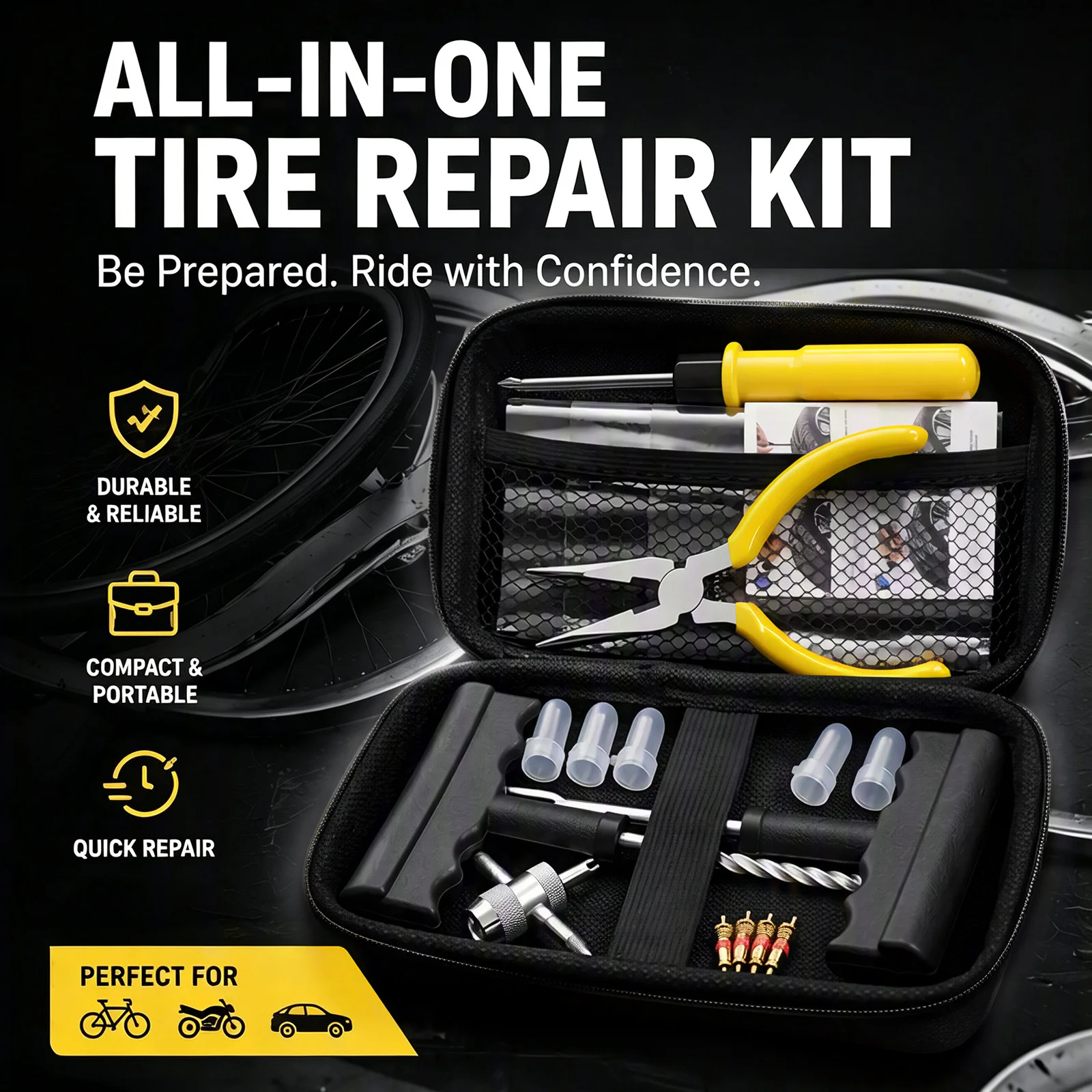Tyre Repair Kit for Bicycle Car Truck Motorcycle, Reamer Plugger, Self-Tapping Plugs, Valve Core Remover and Pliers