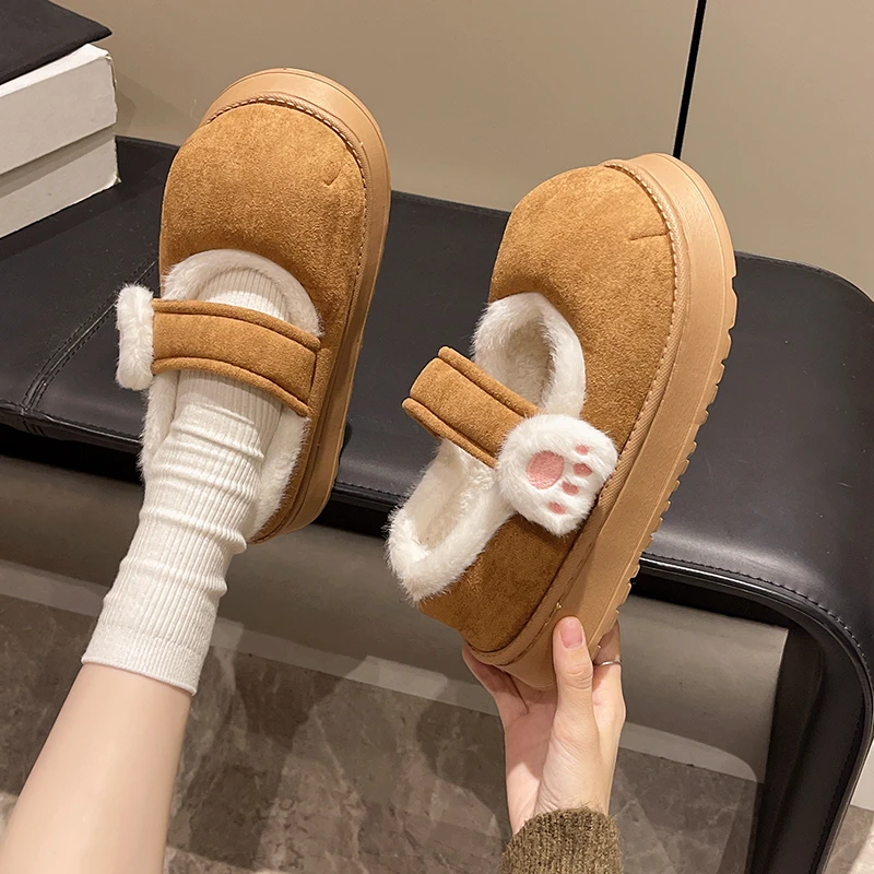 Cute Cat Paw Cotton Snow Boots Shoes With Winter Velvet Thick Sole Indoor Outdoor Shoes ForWarm Round Toe Ankle Boots