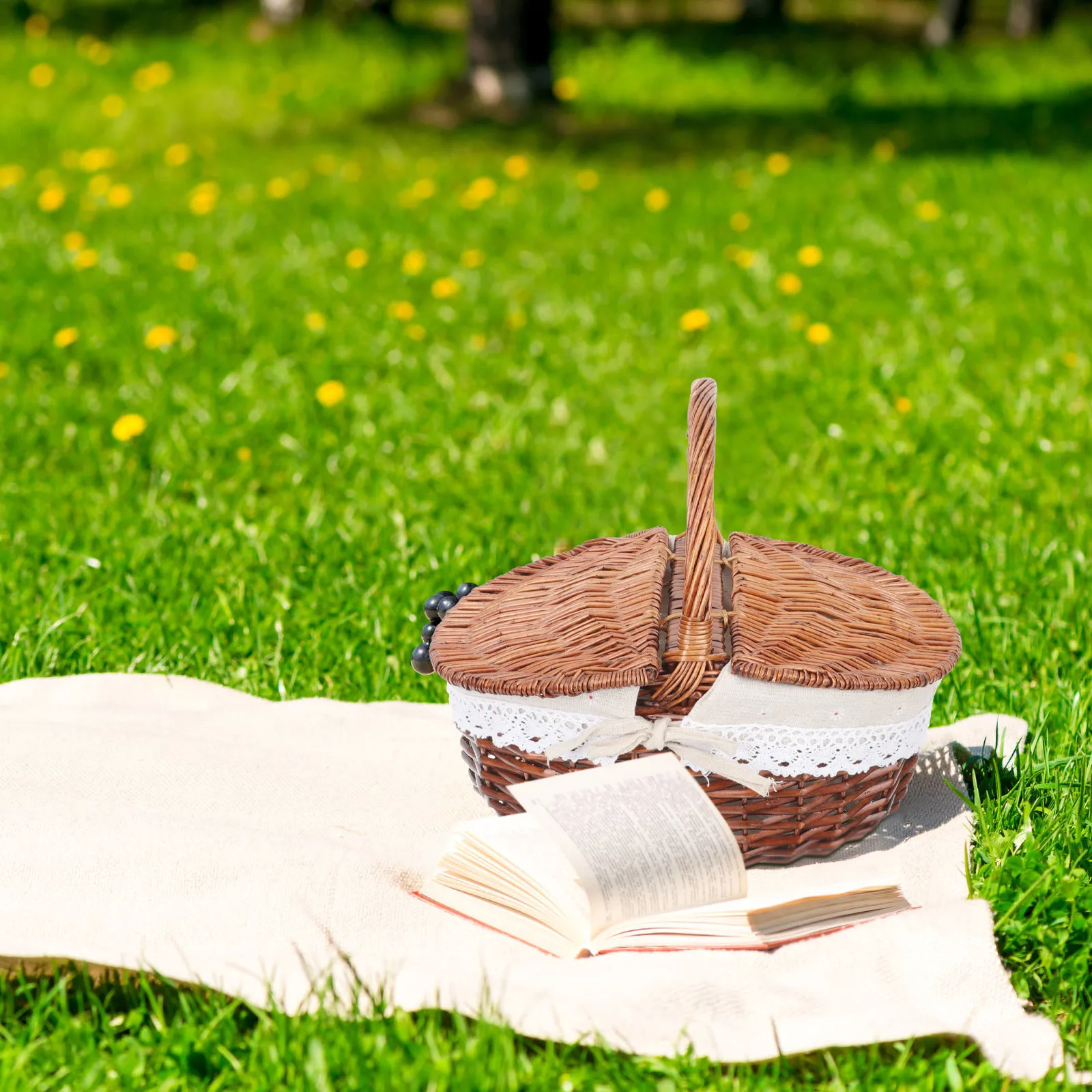 

Brown Wicker Picnic Basket 35x25x17cm Outdoor Large Handwoven Storage Container Durable Multi Function Portable Grocery Fruit