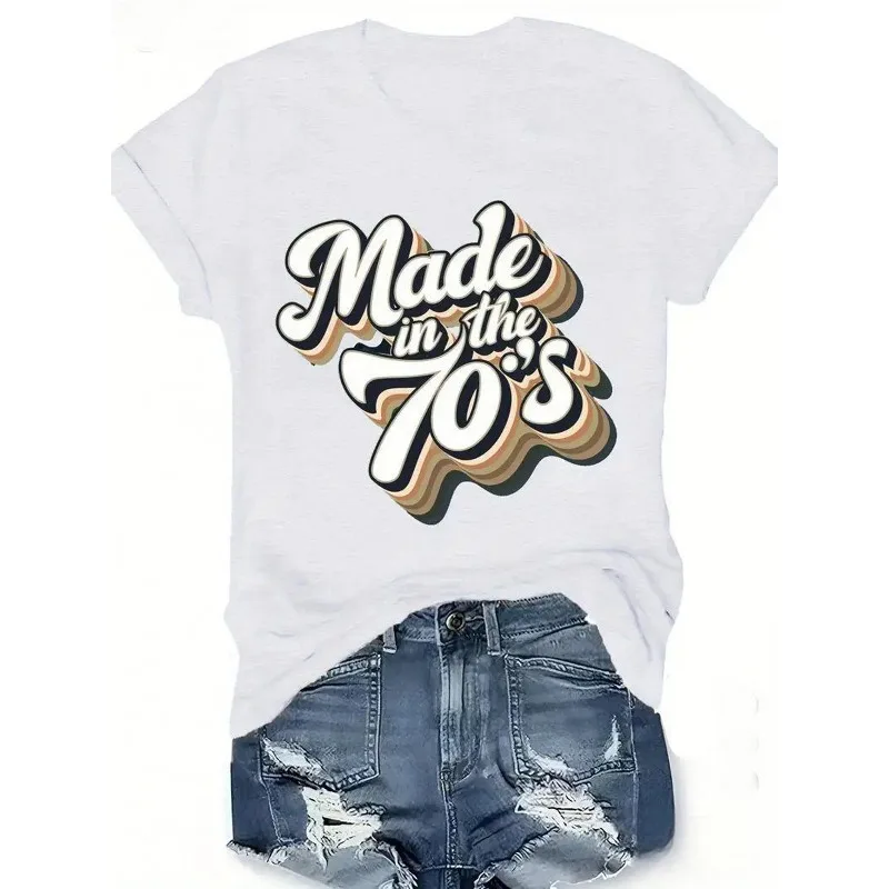 

Женская винтажная футболка с принтом «Сделано в 70-х» Мягкая футболка с короткими рукавами и круглым вырезом Повседневный всесезонный топ Универсальная футболка с принтом